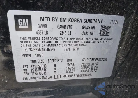 2022 Chevrolet Trax Awd Lt from USA, damaged, VIN KL7CJPSM7NB507943